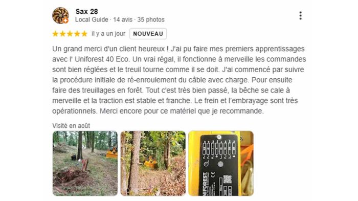 Avis client sur le treuil forestier Uniforest 40 Eco : performance, fiabilité et satisfaction