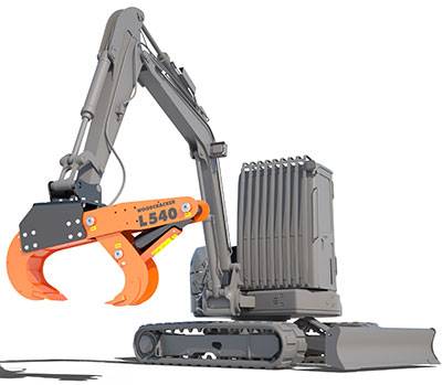 Exemple de montage sur pelle du Woodcracker L 540